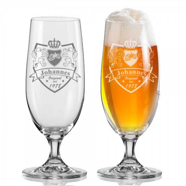 Bierglas graviert mit Wappen, Namen und Geburtsjahr
