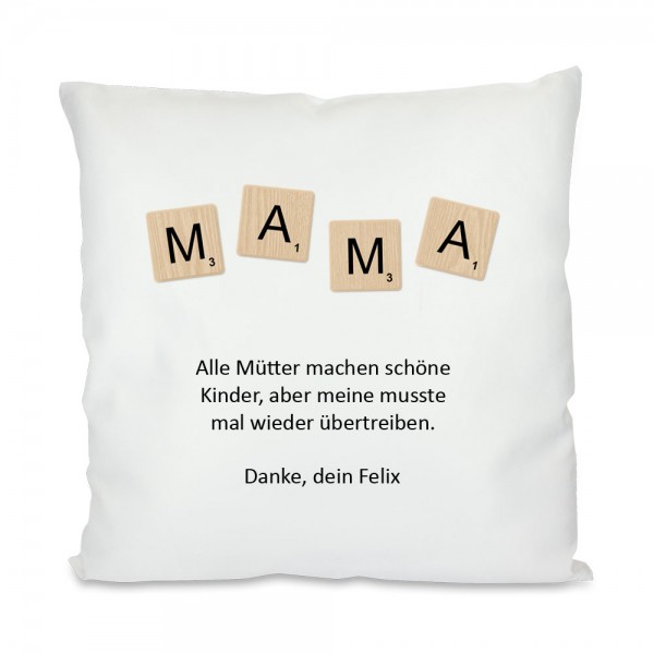Kissen mit Scrabblesteinen und Ihrem Spruch