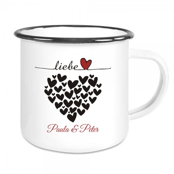 Emaille Tasse mit Herzen und Wunschnamen bedruckt