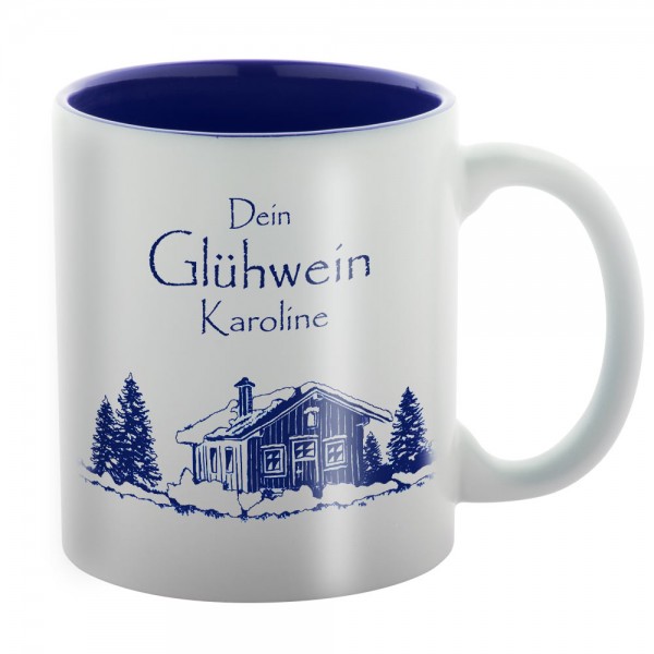 Gravierte Glühweintasse blau mit Weihnachtsmotiv und Namen