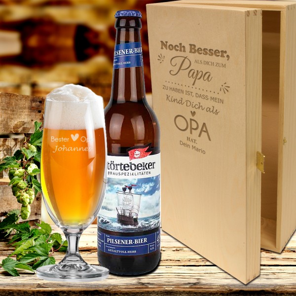 Bier Geschenkset für Opa - "Noch besser als..." mit graviertem Bierglas und Holzkiste