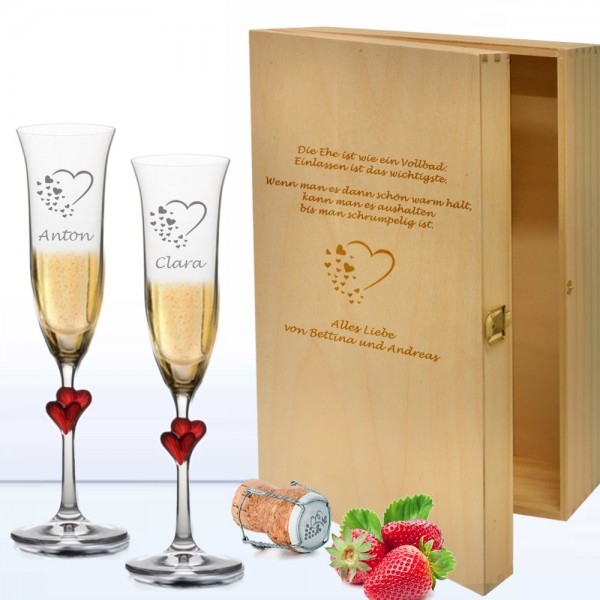 Sekt Geschenkset mit Holzkiste zur Hochzeit Hearts