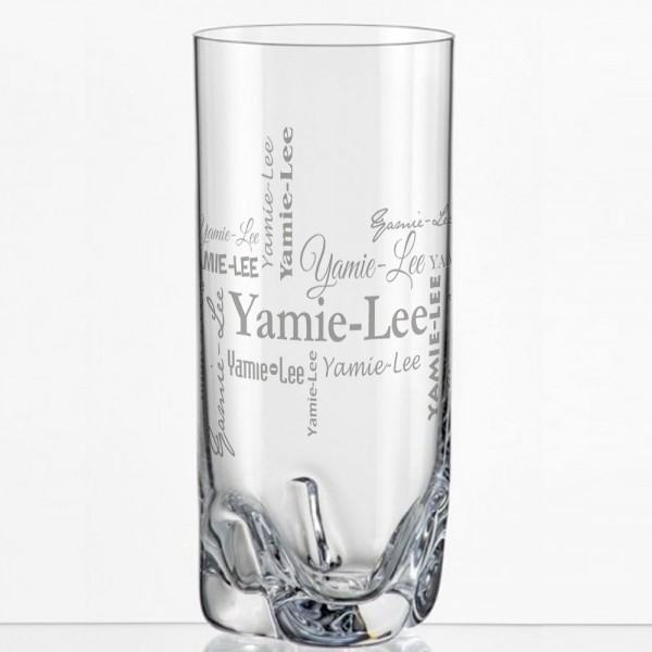 Longdrink Glas mit Wunschnamen in verschiedenen Schriftarten