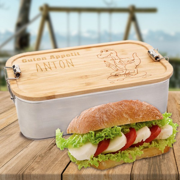 Brotdose Edelstahl personalisiert mit Dino und Namen