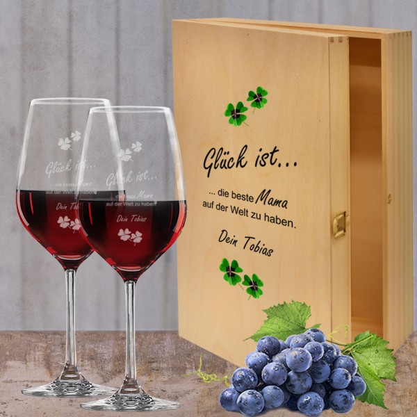 Glück ist - Rotwein Geschenkset in Holzkiste bedruckt