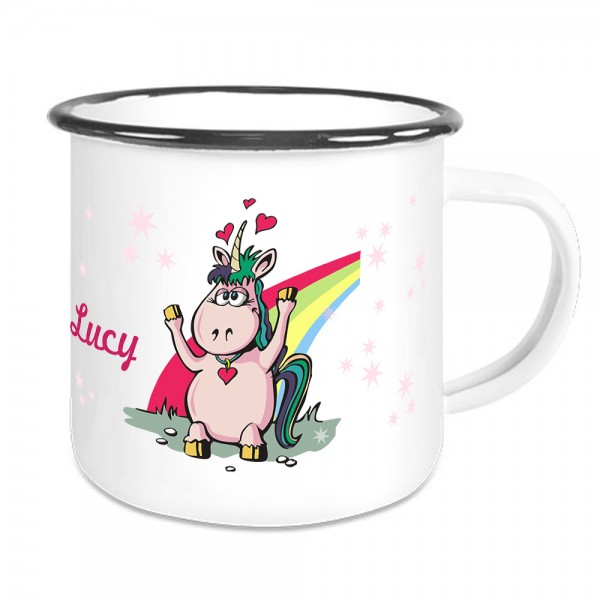 bedruckte Emailletasse Einhorn mit Namen für Kinder