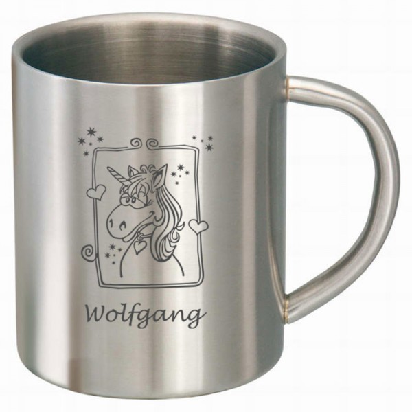 Edelstahltasse mit Einhorn und Namen graviert