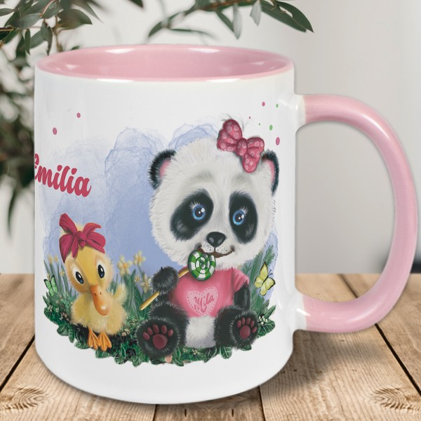 Panda Mädchen mit Babyente und mit Namen individuell bedruckt