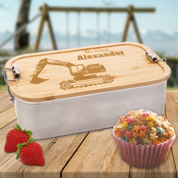 Lunchbox aus Edelstahl und Bambus mit Bagger und deinem Namen