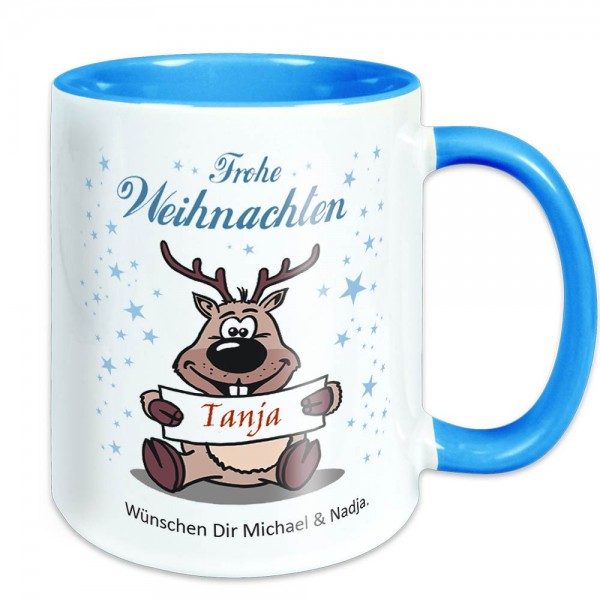 Weihnachts-Tasse mit lustigem Elch und Namen bedruckt