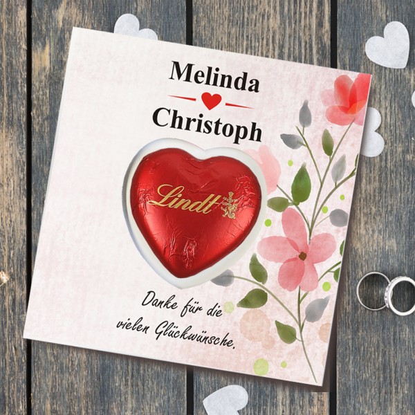 Personalisierte Karte mit Lindt Schoko-Herz als Gastgeschenk