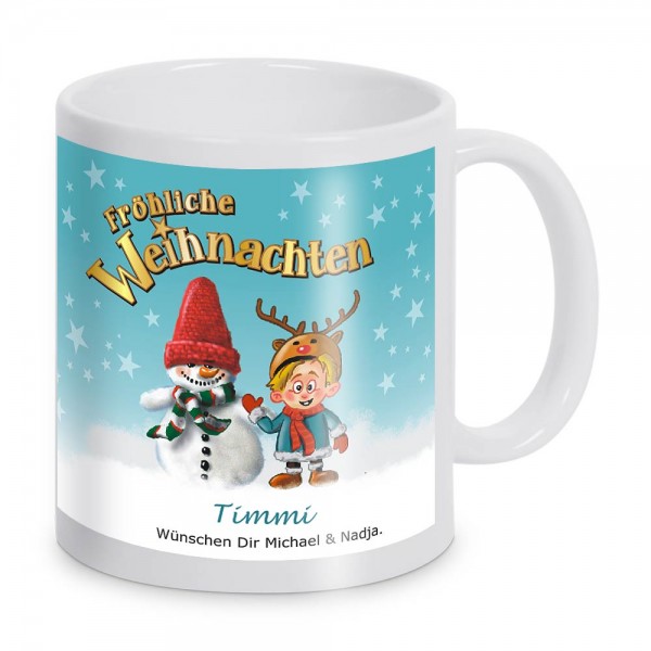 Schneemann Weihnachts-Tasse mit Namen personalisiert