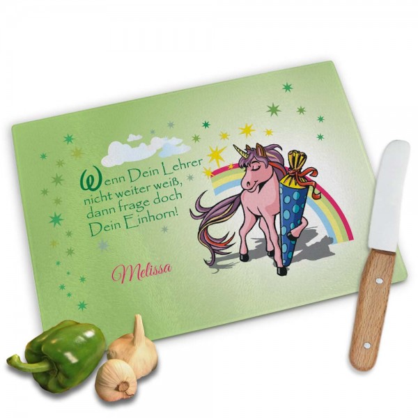 Frühstücksbrett zum Schulanfang mit Einhorn und Namen