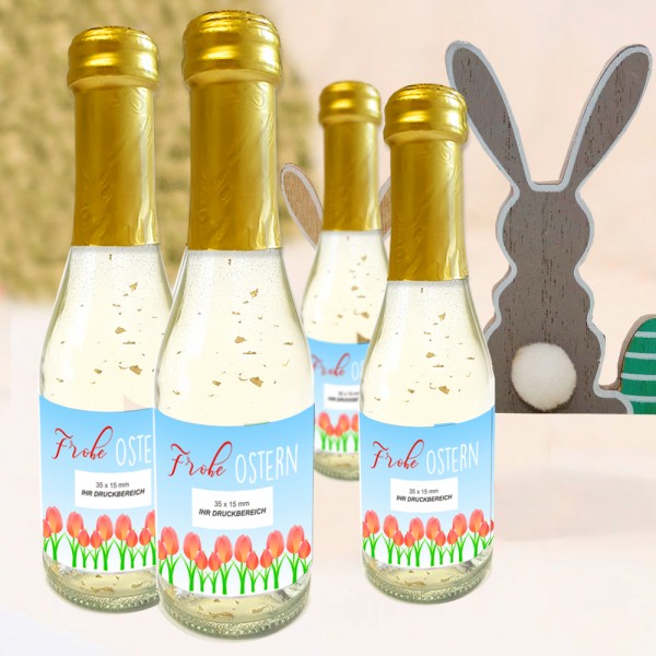 Piccolo Sektflasche mit eigenem Etikett und Goldflocken zu Ostern