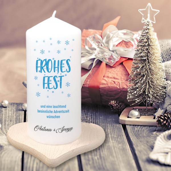 Frohes Fest - Motivkerze mit Wunschtext und Namen personalisiert
