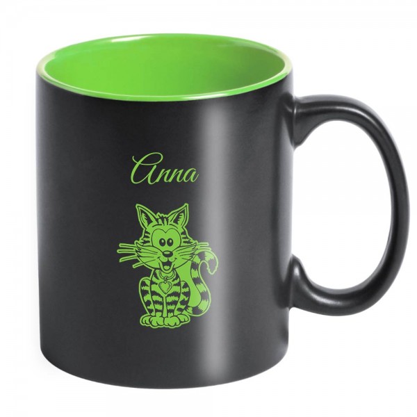 Laser-Tasse aus Keramik mit lustiger Katze und Namen