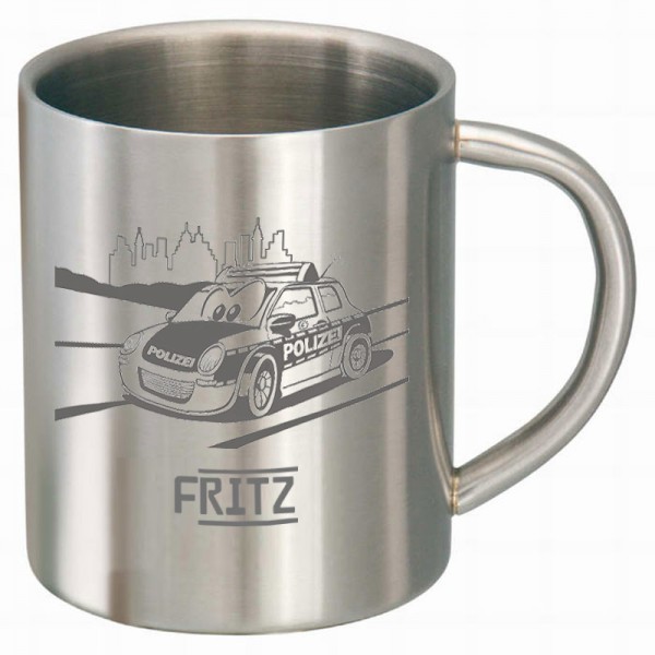 Edelstahltasse mit Polizeiauto als Motiv und Namen