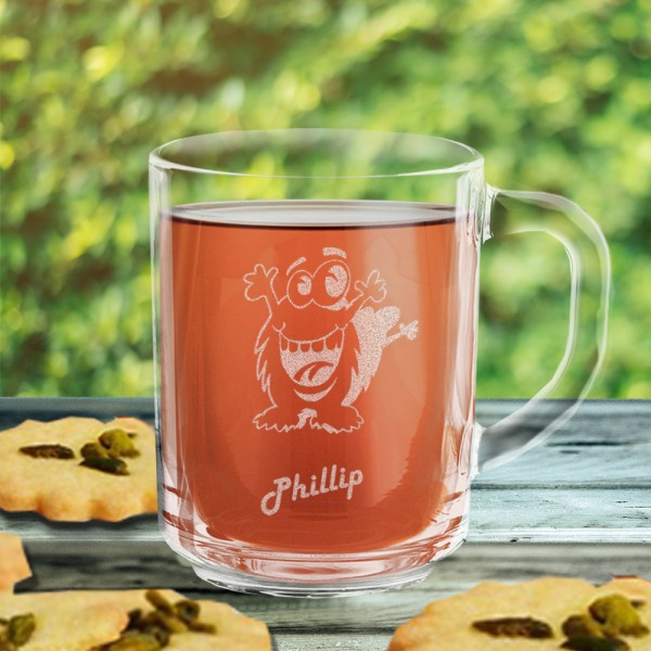 Persönliche Glas Tasse mit Monster und Namen graviert