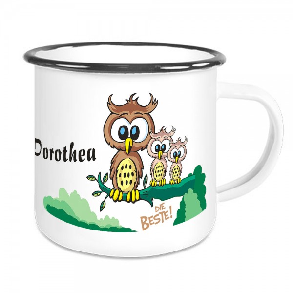 Kinder Tasse aus Emaille mit Eulen und Wunschnamen