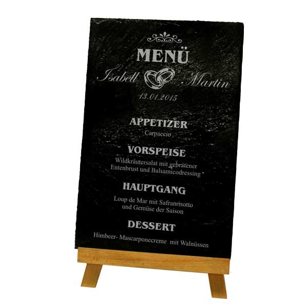 Hochzeits- Menükarte als Schiefertafel mit Gravur, Ringe