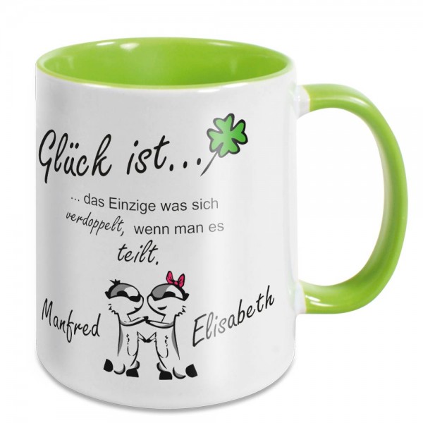 Kaffee Tasse Glück ist mit 2 Namen personalisiert