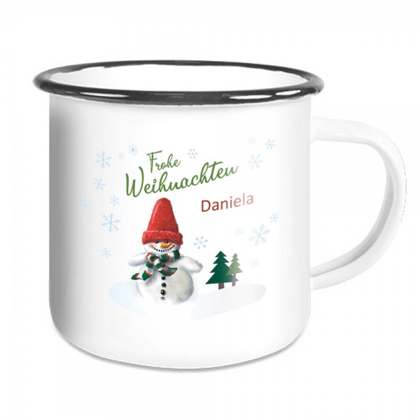 Emaille Tasse für Weihnachten mit Schneemann und Namen