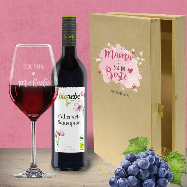 Wein Geschenkset Rotwein bedruckt mit Wunschtext - Mama du bist die Beste