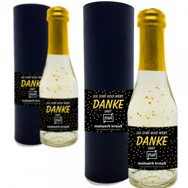 Piccolo Sektflasche "Sie sind Gold wert" mit Logo als Geschenkset
