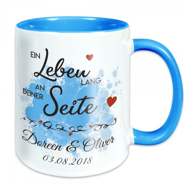 Tasse für Paare Ein Leben lang - mit Namen - blau