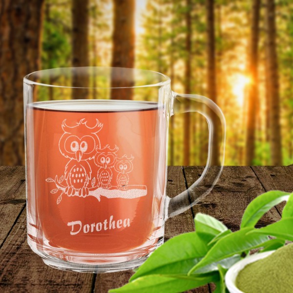 Glas Tasse Eulen mit Namens-Gravur