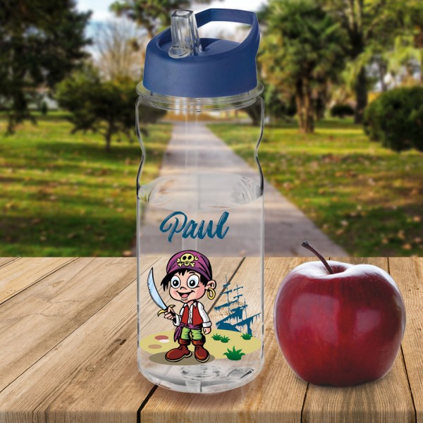 Bedruckte Piraten Trinkflasche + Name mit Strohhalm 0,65 l