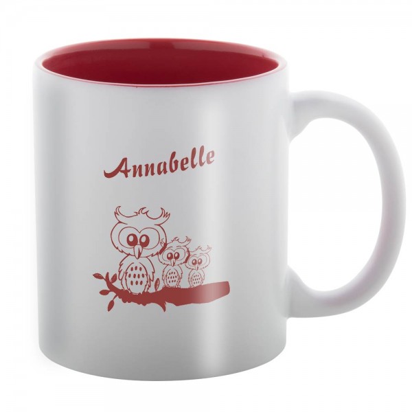 Tasse aus Keramik mit Eulen graviert und Namen
