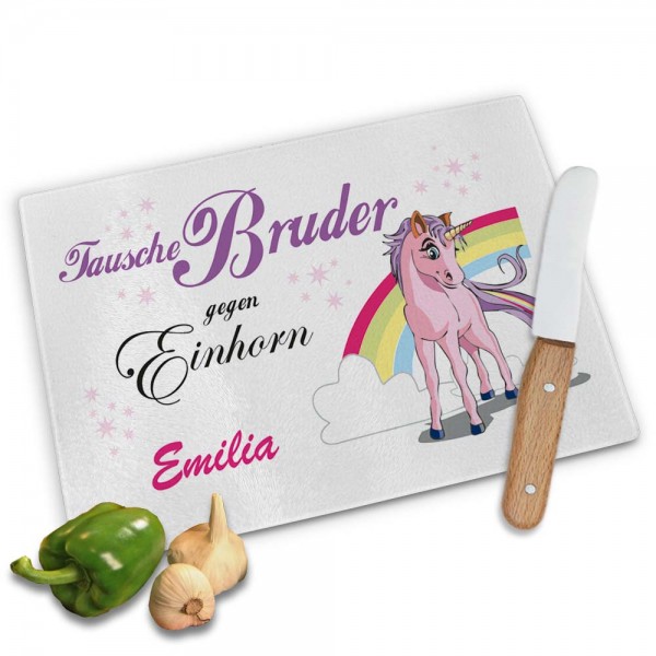 Einhorn Frühstücksbrett "Tausche Bruder" mit Namen