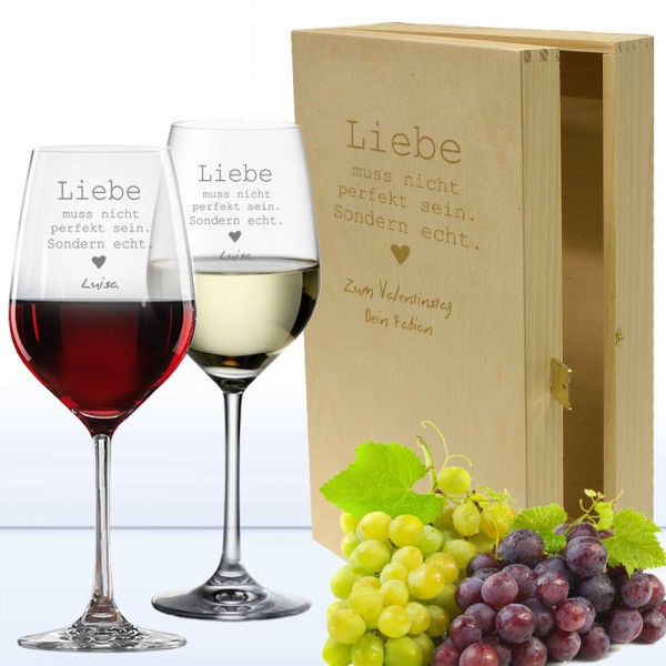 Rotwein- und Weißweinglas in 2er Holzkiste
