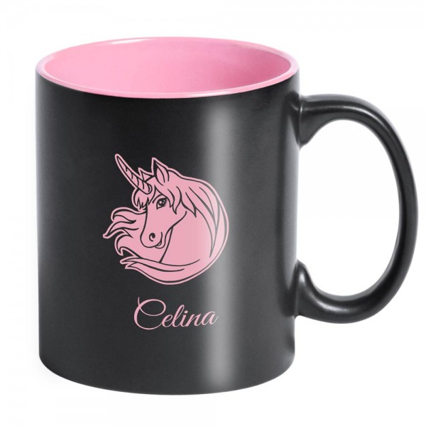 Gravierte Tasse mit lustigem Einhorn und Namen personalisiert