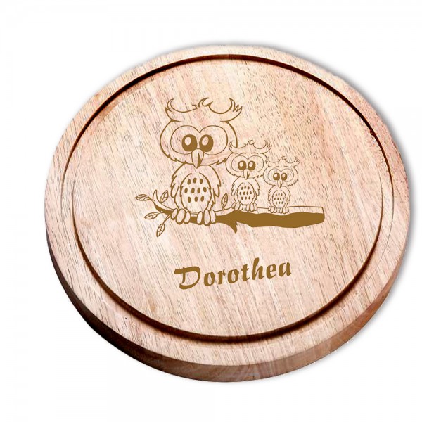 Rundes Schneidebrett Holz mit Eulenmotiv und Namensgravur