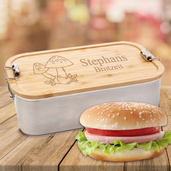 Edelstahl-Lunchbox mit Pilzmotiv personalisiert