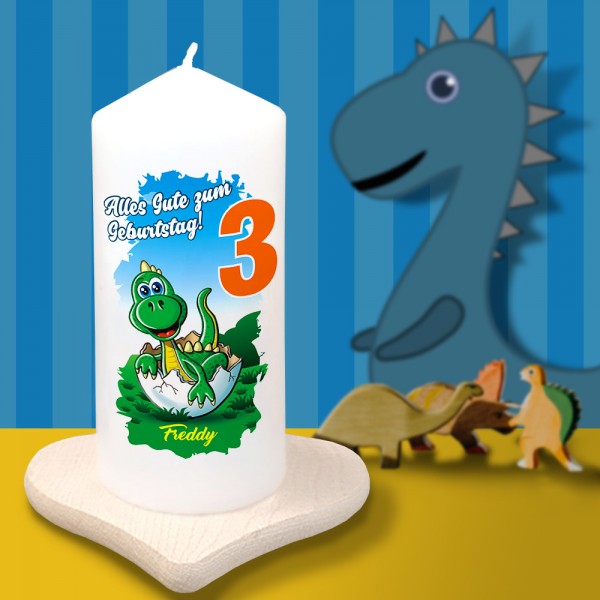 Kerze zum Kindergeburtstag - Baby-Dino mit Alter und Namen