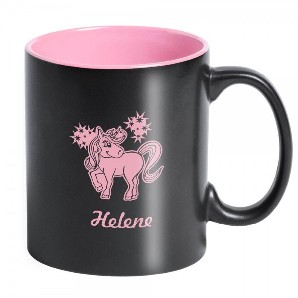 Laser-Tasse aus Keramik mit lustigem Einhorn und Namen