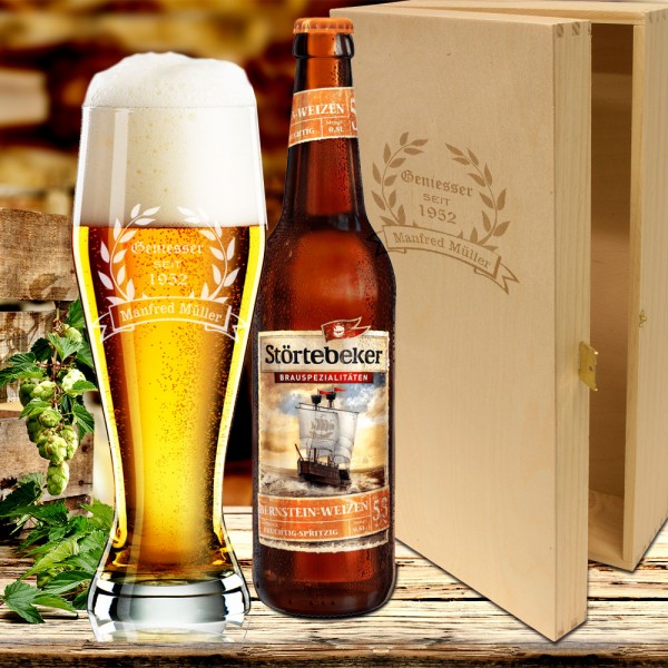 Biergeschenk Weizenbierglas im Geschenkset mit Gravur