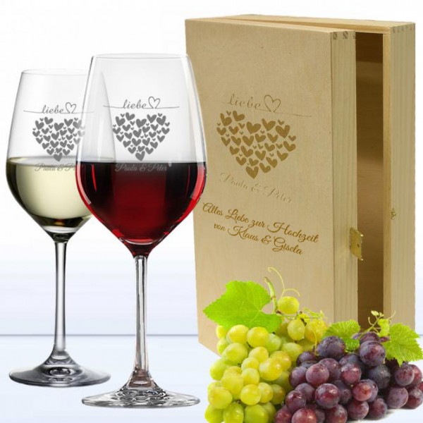Rotwein- und Weißweingläser in 2er Holzkiste mit Namensgravur und Herzen