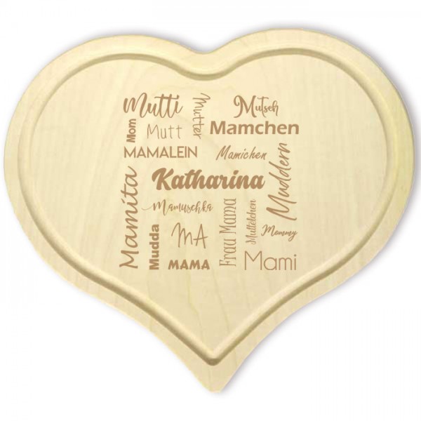 Herz Frühstücksbrettchen Holz graviert mit Namen für Mutti
