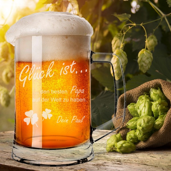 Bierkrug / Bierseidel mit Gravur Glück ist und Wunschnamen