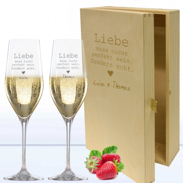 Sekt-Geschenk-Set in 2er Holzkiste mit individueller Gravur Liebe