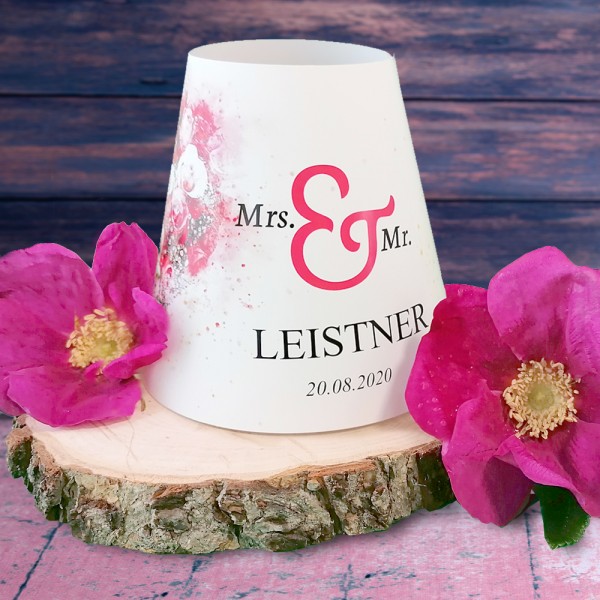 Bedruckter Lampenschirm für Gläser zur Hochzeit mit Name und Datum