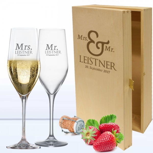 Sekt-Gläser graviert als Geschenkset in Holzkiste