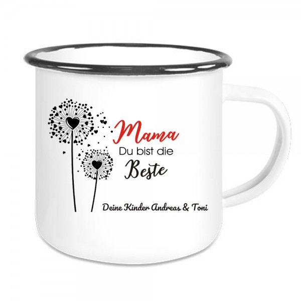 Emaille Tasse Mama Du bist die Beste und Namen