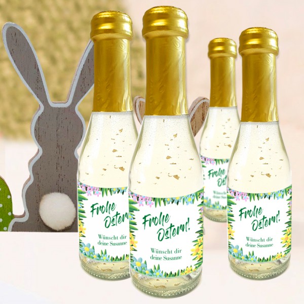 Personalisierter Sekt mit Goldflocken und individuell bedrucktem Etikett zu Ostern