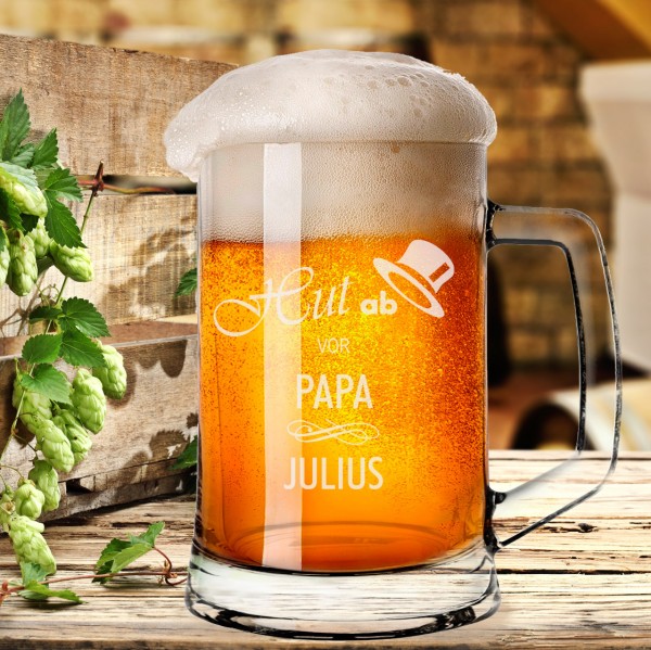 Bierkrug / Bierseidel personalisiert Hut ab Motiv und Name graviert