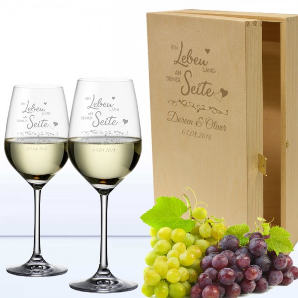 2 Weißweingläser in 2er Holzkiste "Ein Leben lang" Geschenkset